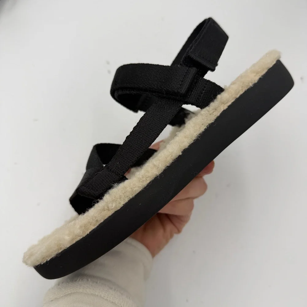 NEW Everlane Black ReNew Teddy Faux Fur Sport Sandal in Size 6